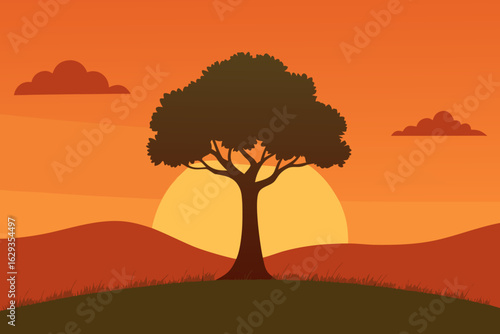 Silhouette of a lone tree against a vibrant sunset sky with rolling hills