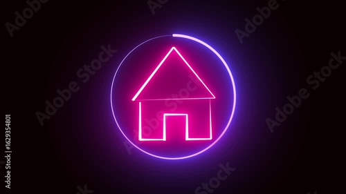 Glowing neon house animation. Bright light energy loop seamless 4k ultra hd digital interface. Animated neon house icon glowing pink purple circle. Abstract home symbol modern design technology.