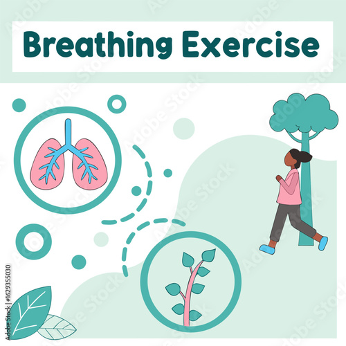 Illustration of a person performing a breathing exercise with lungs and a plant symbolizing health and growth
