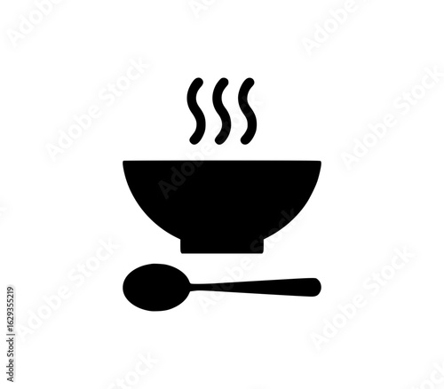Bowl of hot soup with steam and spoon icon