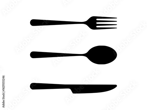 Silhouette illustration of fork, spoon, and knife arranged vertically