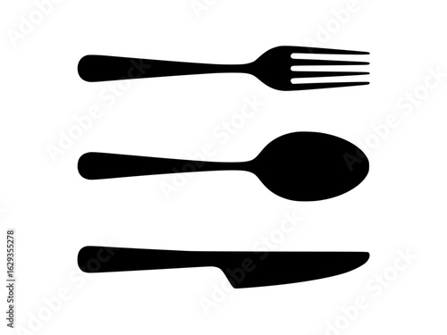 Silhouette illustration of fork, spoon, and knife arranged vertically