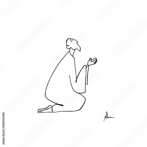 Minimalist line drawing of a person kneeling with hands raised in prayer on a white isolated background
