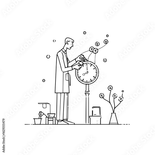 Line art illustration of a scientist adjusting a large clock with plants and equipment nearby in black and white