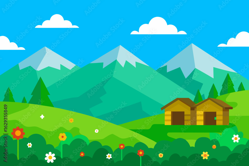 Fototapeta premium Charming mountain landscape with two cabins and wildflowers