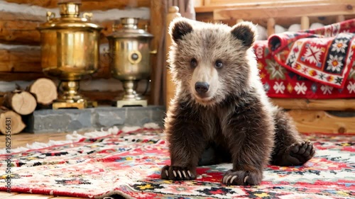 Cute bear cub in a Russian folk scene, age 1-2
