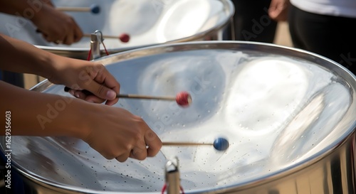 Close up of hands playing steelpan drums with colorful mallets in outdoor musical performance