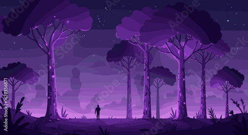 Surreal landscape with purple trees and silhouetted figure at night  