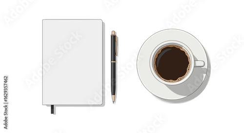 Coffee cup and notebook with pen on white background  