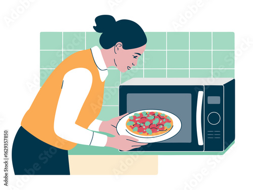 Woman Placing Plate Of Food Into Microwave Oven For Heating kitchen appliance