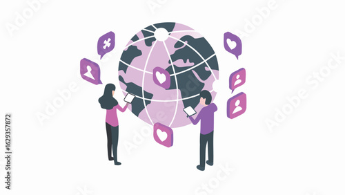 People using tablets around a globe with social media icons creating a connected network online world