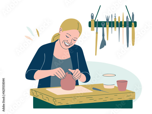 Woman Smiling While Working With Clay On Pottery Wheel female artist