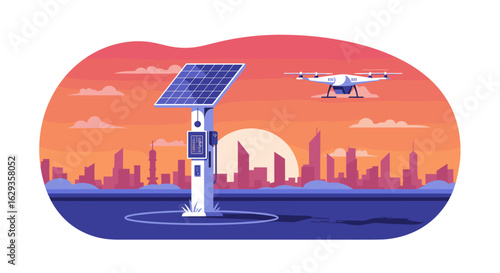Solar panel charging station with drone flying in sunset cityscape  