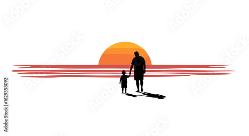 Silhouette of man and child walking together at sunset  