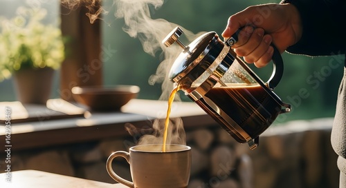 Close Up Scene of Hand Pouring Freshly Brewed Coffee from French Press into Cup  Morning Beverage Ritual Captured with Warm Lighting, Rich Aroma, and Inviting Kitchen Atmosphere.