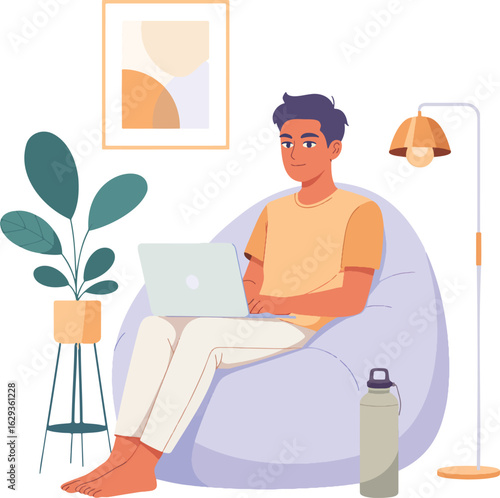 Asian Hipster Sitting on Bean Bag Working on Laptop in Home Office illustration isolated on transparent background