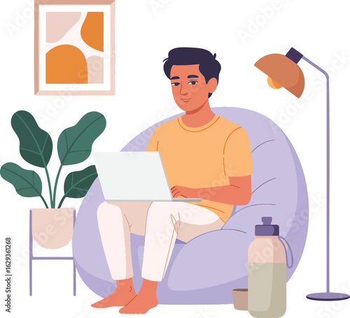 Asian Hipster Sitting on Bean Bag Working on Laptop in Home Office illustration isolated on transparent background