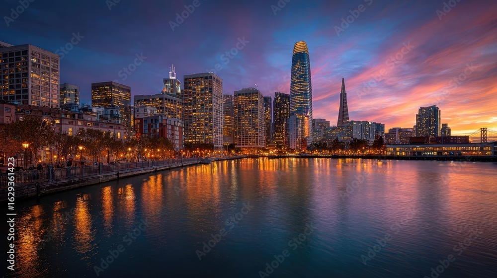 Fototapeta premium A riverside cityscape in the evening at sunset. The reflections on the water and the colorful sky create a warm and peaceful atmosphere.