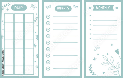 Cute and simple planner pages featuring daily weekly and monthly layouts with floral and butterfly decorations for organized living and productivity