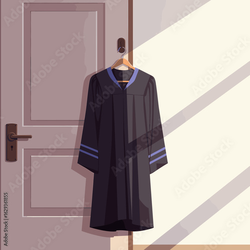 Black graduation gown hanging on door with sunlight streaming in  