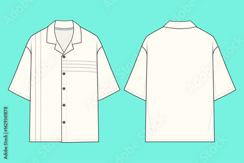 Men's Short Sleeve Drop Shoulder Revere Collar Shirt Technical Fashion Flat Sketch.