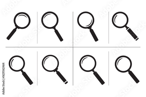 Vector art of a collection of magnifying glass icons in various orientations representing search discovery and exploration in a vector format