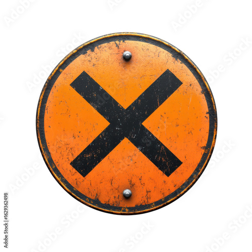 Distressed orange railroad crossing sign with black X, aged metal traffic safety warning symbol for trains and railway transport on transparent background