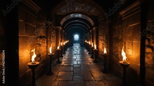 Wallpaper Mural Burning Torches Illuminate Dark Stone Corridor Leading to Secret Vault (1) Torontodigital.ca