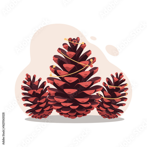 Pine cones arranged with decorative elements on a soft background  