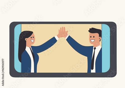 Businessman and businesswoman giving virtual high five on smartphone screen celebrating teamwork success collaboration in flat vector style