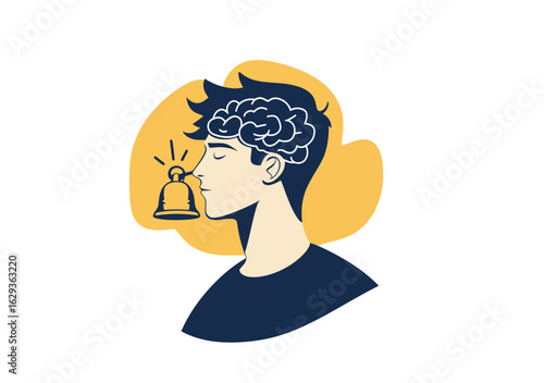 Young man with brain outline ringing bell inside head concept of self awareness mindfulness and psychological state in flat minimalist vector style illustration