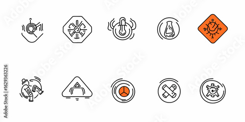 Set of twelve thin line safety hazard icons including biohazard, radiation, heat warning, chemical flask, virus, explosive bomb, gas mask, and fire danger signs in minimalist vector style