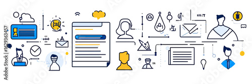 Resume banner with profile icons, documents, communication symbols, user avatars, and network connection elements in flat minimalist style vector illustration