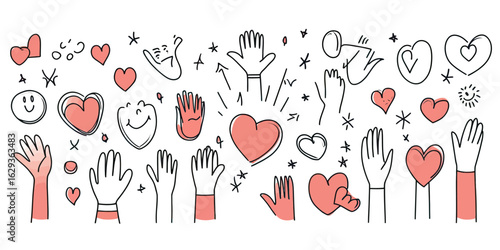 Collection of hand drawn hands raised with hearts and smiley faces expressing love unity support charity connection and positive emotions in doodle sketch style vector illustration