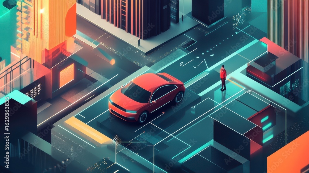 Fototapeta premium Urban Landscape with Modern Car and Abstract City Design Elements