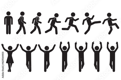 Vector art of stick figure illustrations showing various actions such as walking running jumping and celebrating in a simple and minimalist design