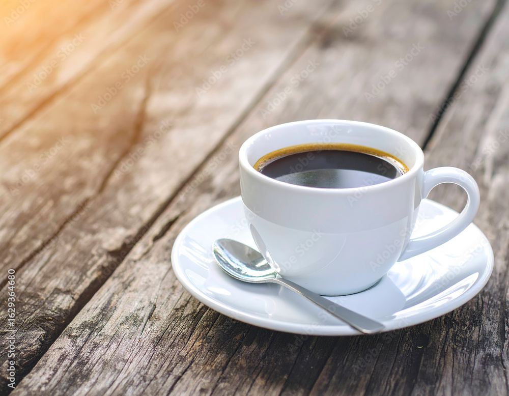 Obraz premium Rustic wooden background with coffee and spoon, soft vintage tones, relaxed atmosphere.