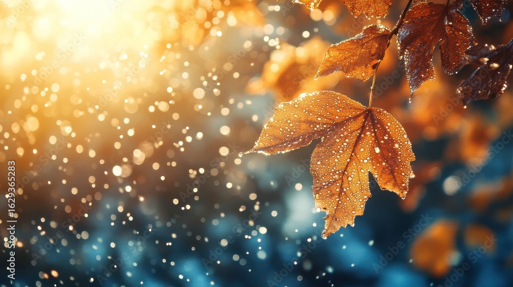 Fototapeta premium Golden Autumn Leaves with Dew in a Sunlit Forest Environment