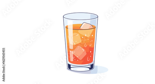 Colorful drink with ice cubes in a clear glass on white background  