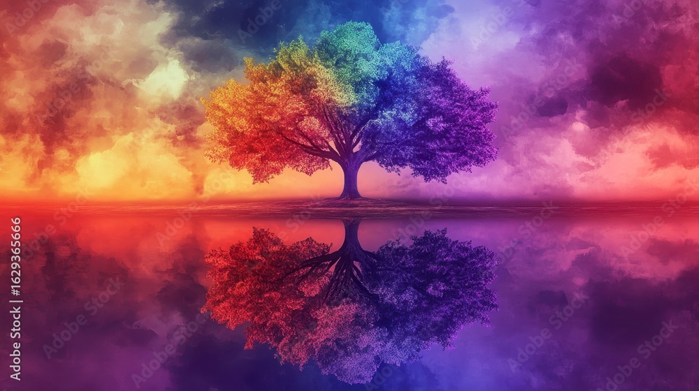 Fototapeta premium Vibrant Tree Reflection Against Colorful Cloudy Sky Landscape