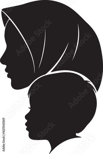 Muslim woman and child silhouette in side profile