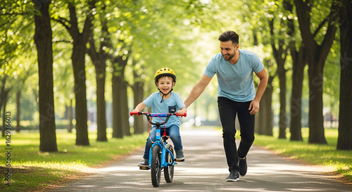 Smiling boy riding bicycle with father, learning to ride