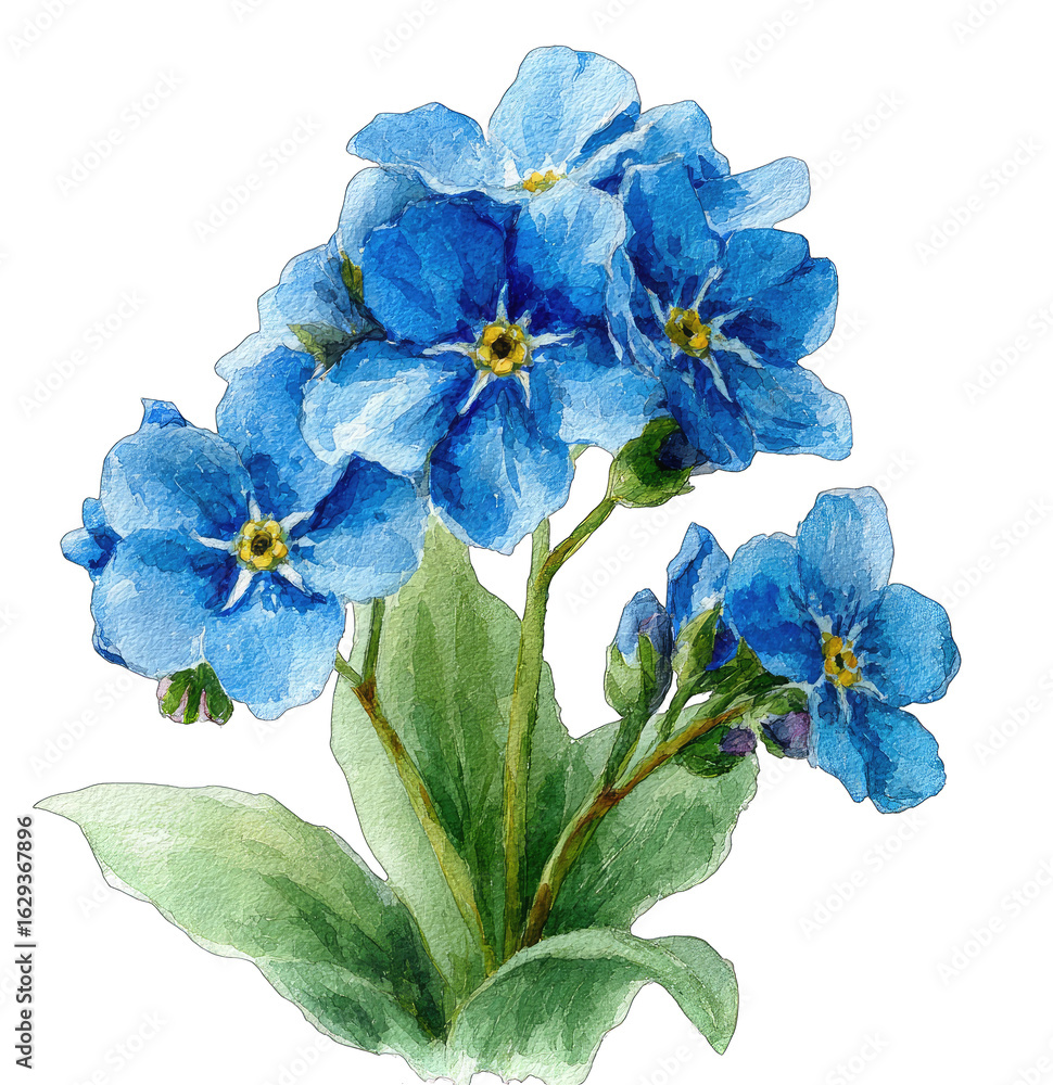 Fototapeta premium Vibrant blue forget-me-nots with green leaves