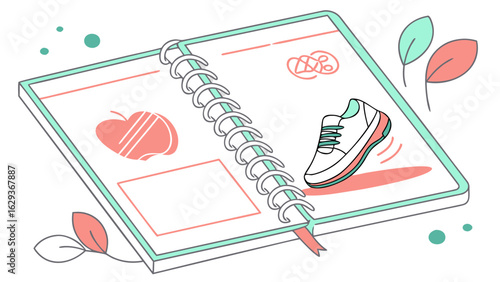 Open spiral bound notebook with a running shoe apple and leaves symbolizing health and fitness goals and progress tracking
