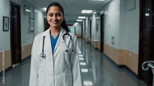 Smiling indian female doctor in white coat with stethoscope standing in hospital corridor. Concept of modern healthcare and trust