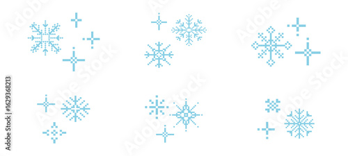 Pixel snowflake set winter retro pixilated 8 bit game stamp. Y2k snow, minimal and simple. Holiday flake ornament. Simple crystal ornament