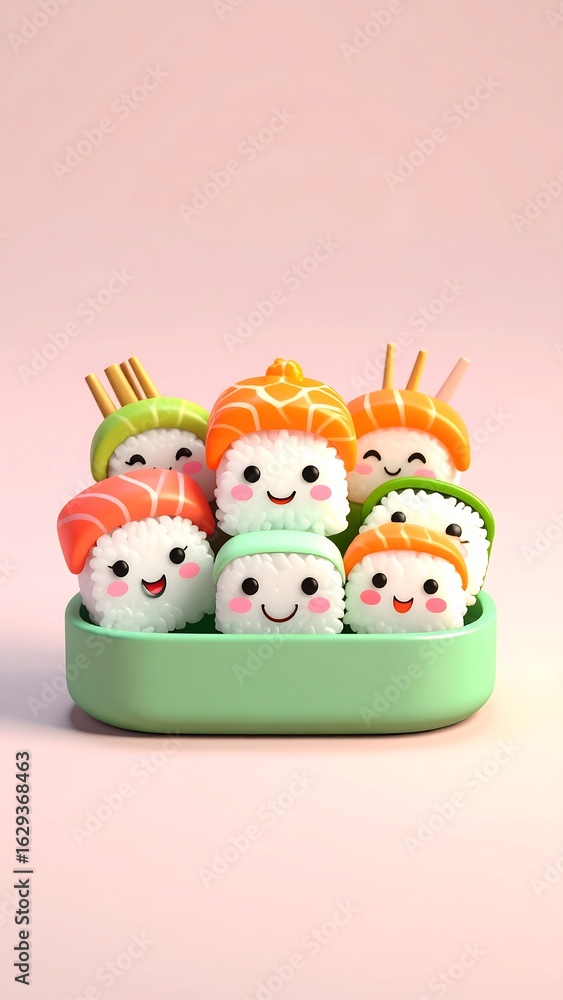 Obraz premium A delightful collection of anthropomorphic sushi pieces, each with a cheerful face, neatly arranged in a green dish against a soft pink background.