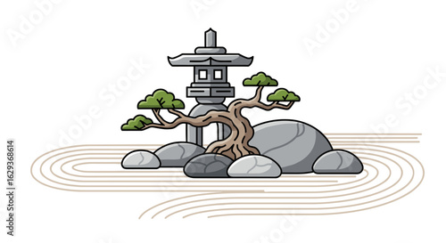 Minimalist zen garden illustration featuring a stone lantern, bonsai tree, and raked sand, embodying peace and tranquility in a simple design aesthetic.