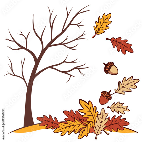 A stylized illustration of a bare autumn tree with falling leaves and acorns scattered around its base evoking the essence of the fall season