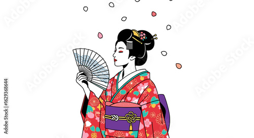 Elegant Japanese geisha in a traditional red kimono holding a fan, with cherry blossoms falling around her.